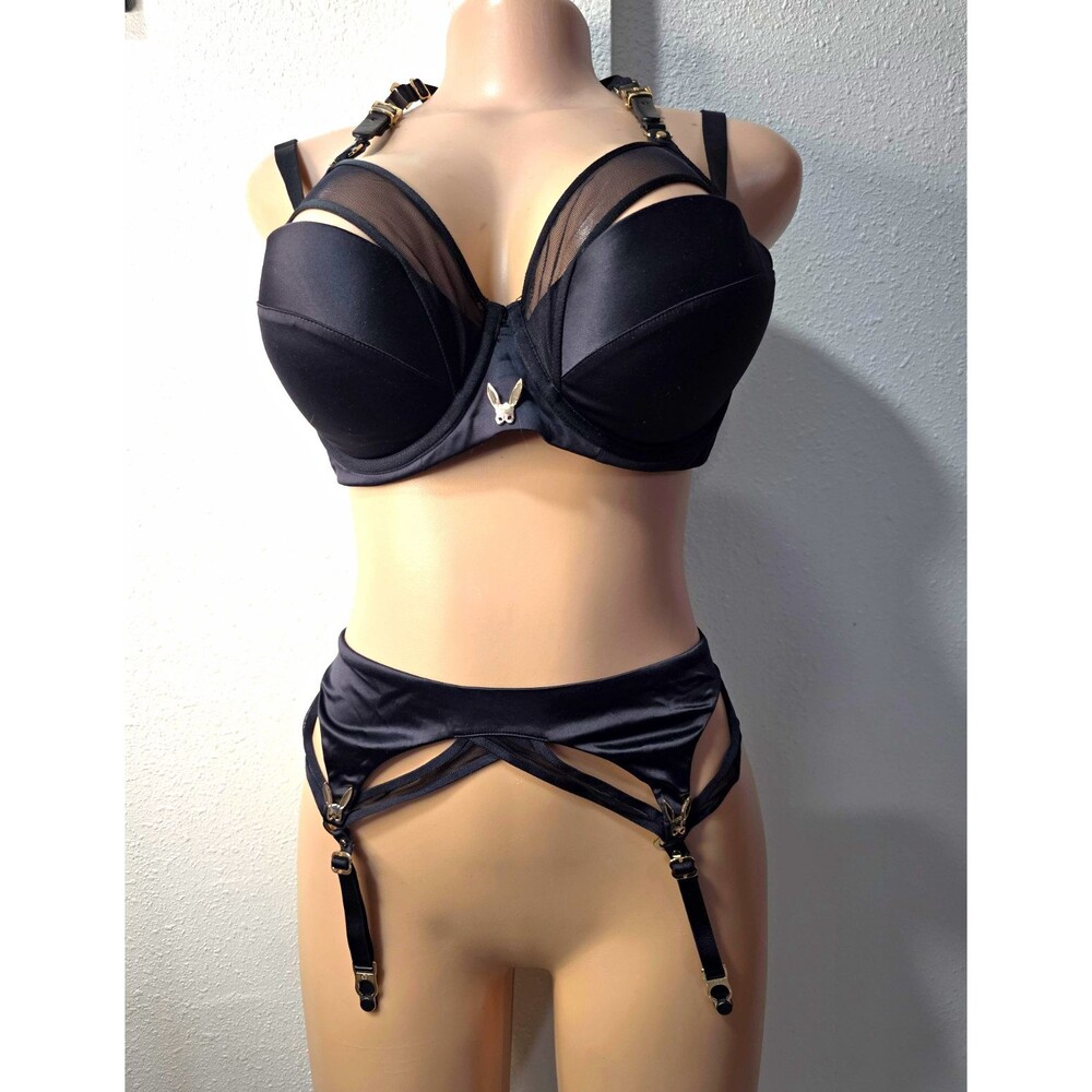 Honey Birdette Cindy Black Mesh Underwired Bra & Suspender Set 36DD